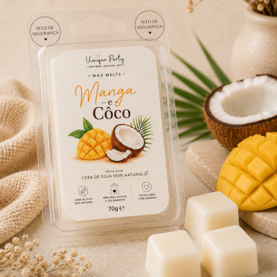 Embalagem de cera de soja aroma manga e côco com três cubos de cera branca ao lado