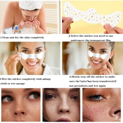 Instruções visuais para aplicar autocolantes faciais decorativos simulando sardas