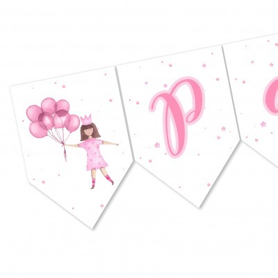 faixa decorativa branca com estrelas rosas, menina com balões rosa e letras rosas