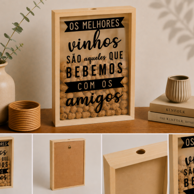 Quadro decorativo de madeira com rolhas de vinho e texto em português