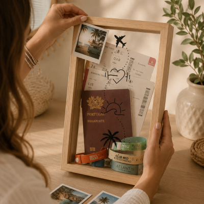 Moldura em madeira com passaporte, cartões de embarque, pulseiras de eventos e fotos Polaroid de viagens tropicais