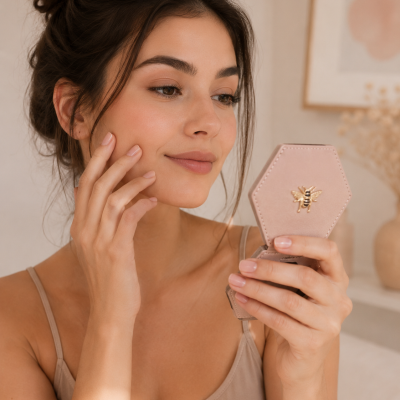 Mulher segurando pequeno espelho hexagonal cor de rosa com abelha dourada