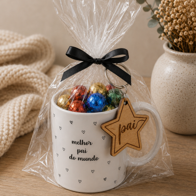 Caneca branca com texto melhor pai do mundo e bombons coloridos embalada com plástico transparente e chaveiro estrela com pai.