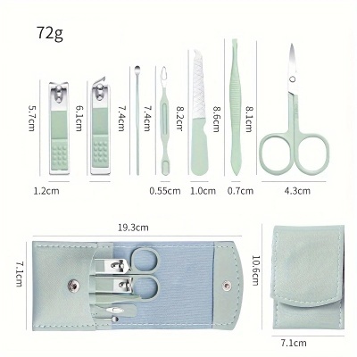 Conjunto de manicure com 7 ferramentas metálicas e estojo azul claro