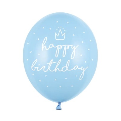 Balão azul com texto branco 'happy birthday' e pequenos pontos brancos