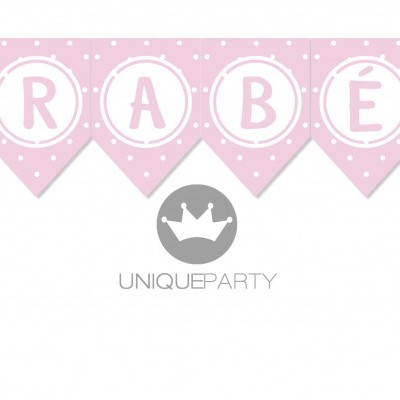 bandeirola decorativa rosa com palavra PARABÉNS e pandas nas extremidades