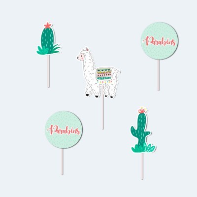 Topper para bolo com designs de cactos, lhama e texto 'Parabéns' em tons verde e rosa