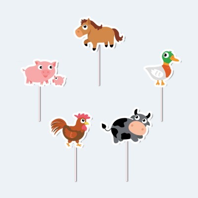 Palitos decorativos para bolos com desenhos coloridos de animais da quinta sobre fundo cinzento