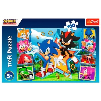 Embalagem de puzzle Trefl 100 peças com personagens Sonic the Hedgehog coloridos