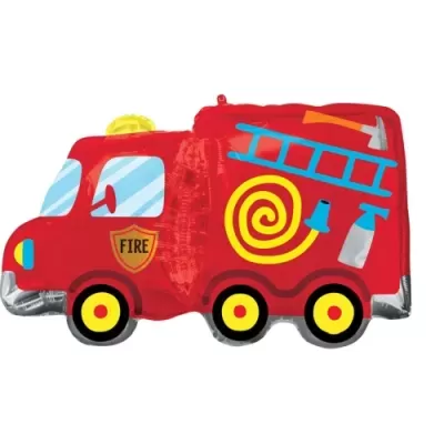 Balão em forma de carro de bombeiros vermelho com detalhes coloridos