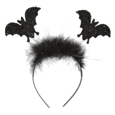 Tiara preta com penas e morcegos em glitter
