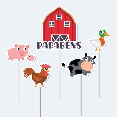Toppers para bolos com desenhos de animais da quinta e celeiro vermelho com texto PARABÉNS.