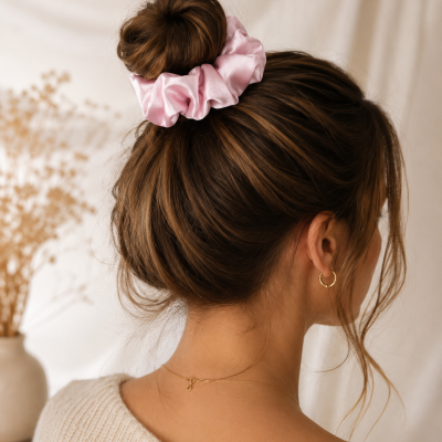 Scrunchie rosa acetinado num coque de cabelo castanho