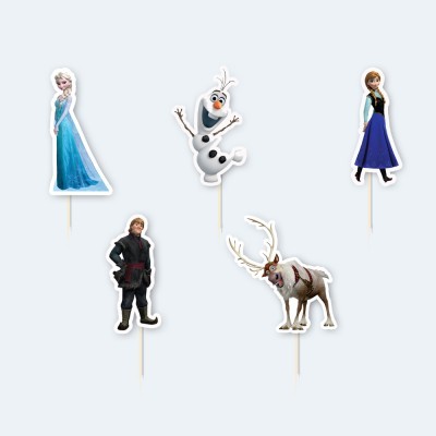 Toppers de bolo de personagens do filme Frozen com palitos em fundo azul claro