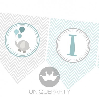 Bandeiras decorativas com elefante e letra I em padrões ziguezague