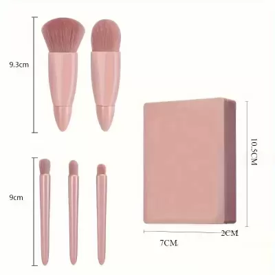 Conjunto de cinco pincéis de maquilhagem rosa com caixa e medidas