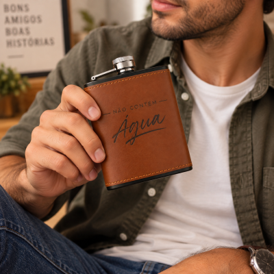 Frasco de bolso castanho com texto NÃO CONTÉM Água segurado por homem com camisa verde e t-shirt branca