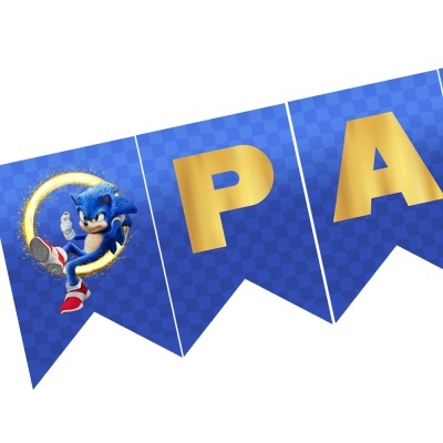Bandeirola azul com letras douradas e personagem Sonic