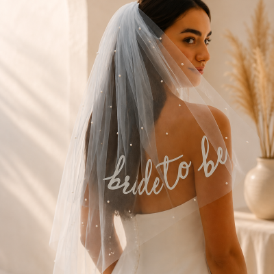 Véu de noiva branco com pérolas e texto bride to be