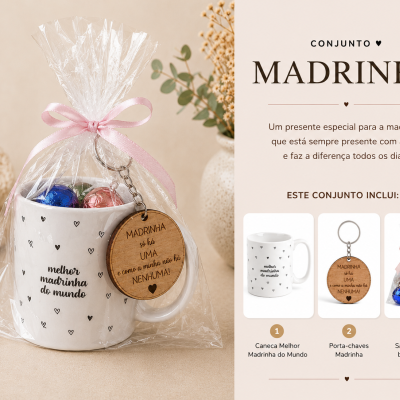 Conjunto para madrinha com caneca, porta-chaves de madeira e bombons de chocolate, embalados em celofane com laço rosa.