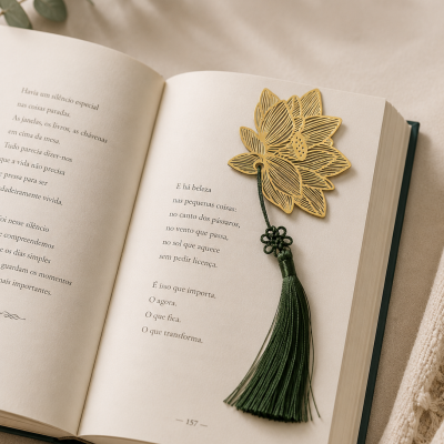 Marcador de livro dourado em forma de flor com tassel verde escuro aberto num livro