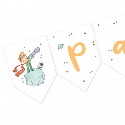 Faixa decorativa com desenho de criança segurando telescópio e letras laranja em fundo branco