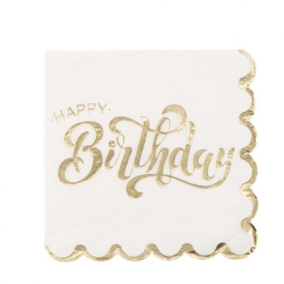 Guardanapo branco com texto dourado Happy Birthday e bordas douradas