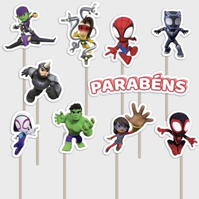 Toppers de bolos com personagens de super-heróis e texto 'PARABÉNS'