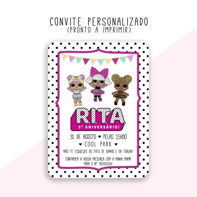 Convite de aniversário infantil com bonecas animadas e texto em português