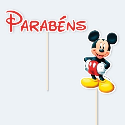 Toppers de bolo com palavra 'PARABÉNS' e personagem Mickey Mouse