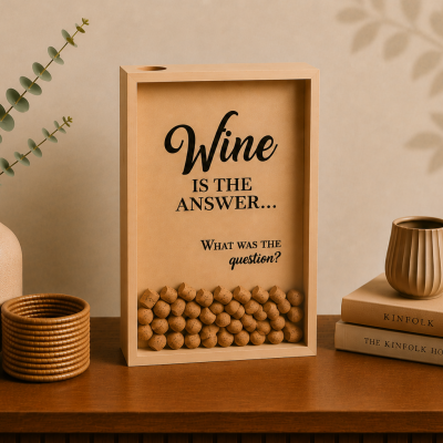 Quadro decorativo com rolhas e frase sobre vinho em madeira clara