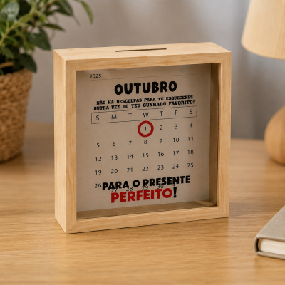 Frasco quadrado de madeira com calendário e texto decorativo na frente, sobre mesa de madeira
