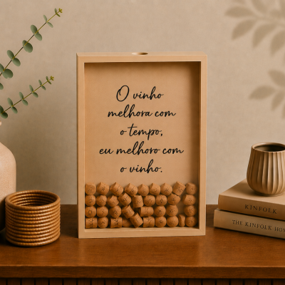 Moldura com rolhas de vinho e texto em português, vaso com ramos verdes, cestos, livros e copo cerâmico numa mesa de madeira