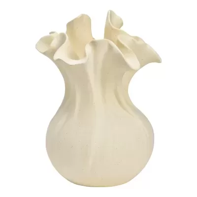 Vaso decorativo creme em cerâmica com borda ondulada