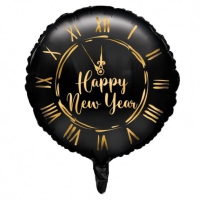 Balão preto redondo com relógio e texto 'Happy New Year' em dourado