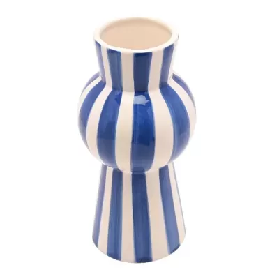 Vaso de cerâmica com riscas azuis e brancas