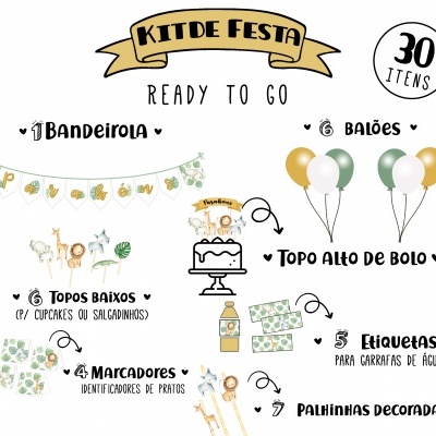 Kit de festa com decoração temática de animais e folhas em verde, dourado e branco, incluindo bandeirola, balões, topos para bolo e cupcakes, marcadores, etiquetas e palhinhas.