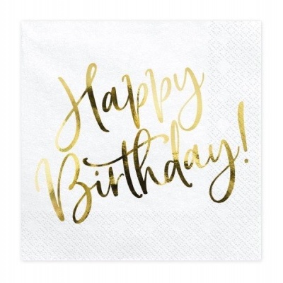 Guardanapo de papel branco com texto dourado Happy Birthday