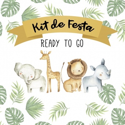 Desenho de animais com texto Kit de Festa e READY TO GO com folhas tropicais ao redor