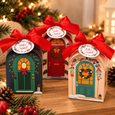 Caixas de presente de Natal com ilustrações de portas decoradas e laços vermelhos em mesa de madeira com decoração natalícia