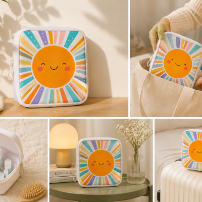Estojo compacto com desenho colorido de sol sorridente sobre fundo branco