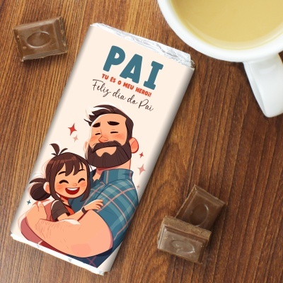 Tablete de chocolate para Dia do Pai com ilustração de pai e filha e texto comemorativo.