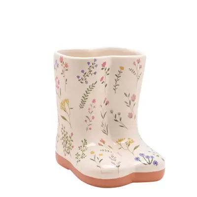 Vaso decorativo em forma de botim com padrão floral colorido e sola castanha