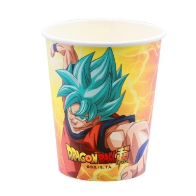 Copo de papel Dragon Ball Super com personagem e fundo amarelo