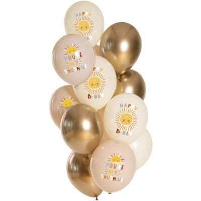 Conjunto de balões de aniversário bege, dourado e branco com textos e desenhos de sol