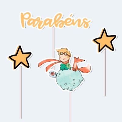 Quatro toppers para bolo com tema do Pequeno Príncipe e estrelas, incluindo a palavra 'Parabéns'