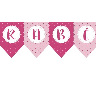 Bandeirola decorativa cor-de-rosa com letras que formam a palavra PARABÉNS e personagens infantis nas extremidades