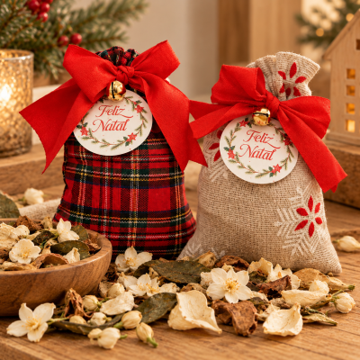 Saquetas de tecido natalícias com laços vermelhos e etiquetas Feliz Natal cercadas por flores secas e folhas num ambiente acolhedor.