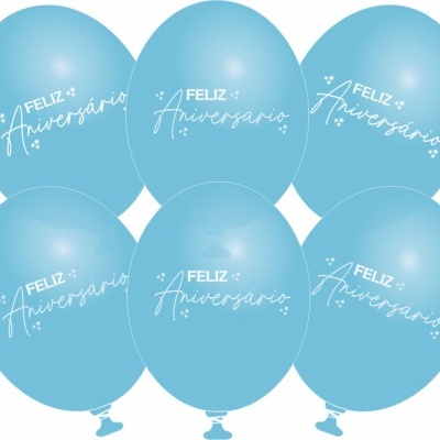 Seis balões azuis com texto branco Feliz Aniversário
