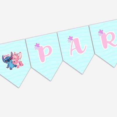 Bandeirola decorativa azul claro com letras rosas e personagens Stitch e Angel.